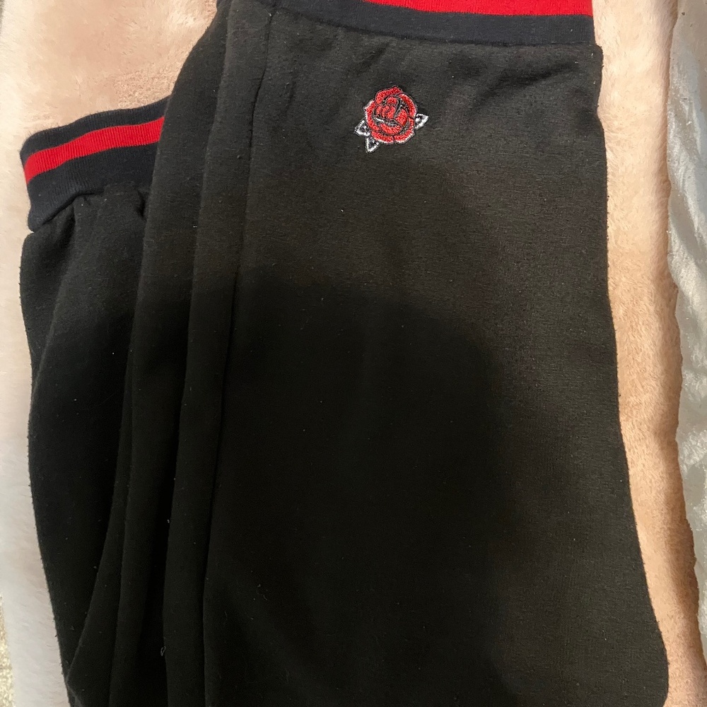 Sourpuss Black Joggers with Red Rose Embroidery and Red Waistband Stripe